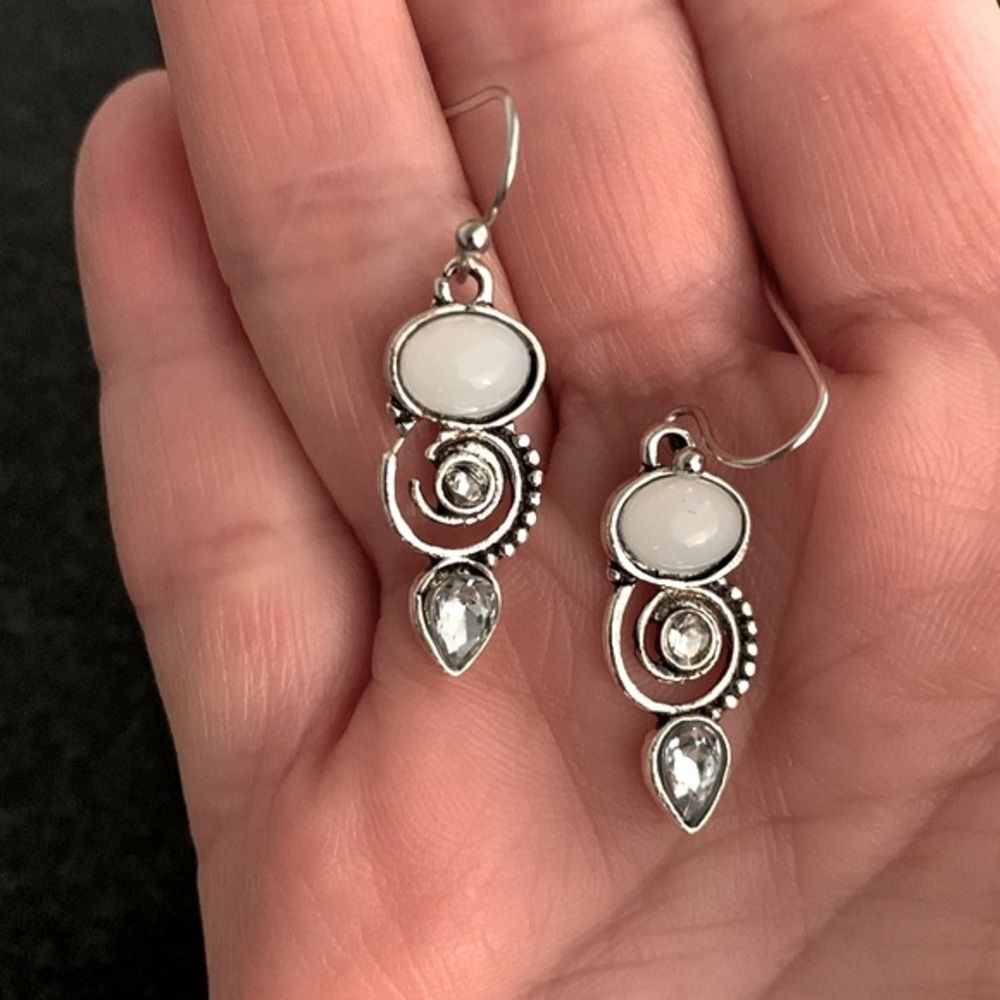Antique Silver Tone Faux Opal Dangle Drop Earrings